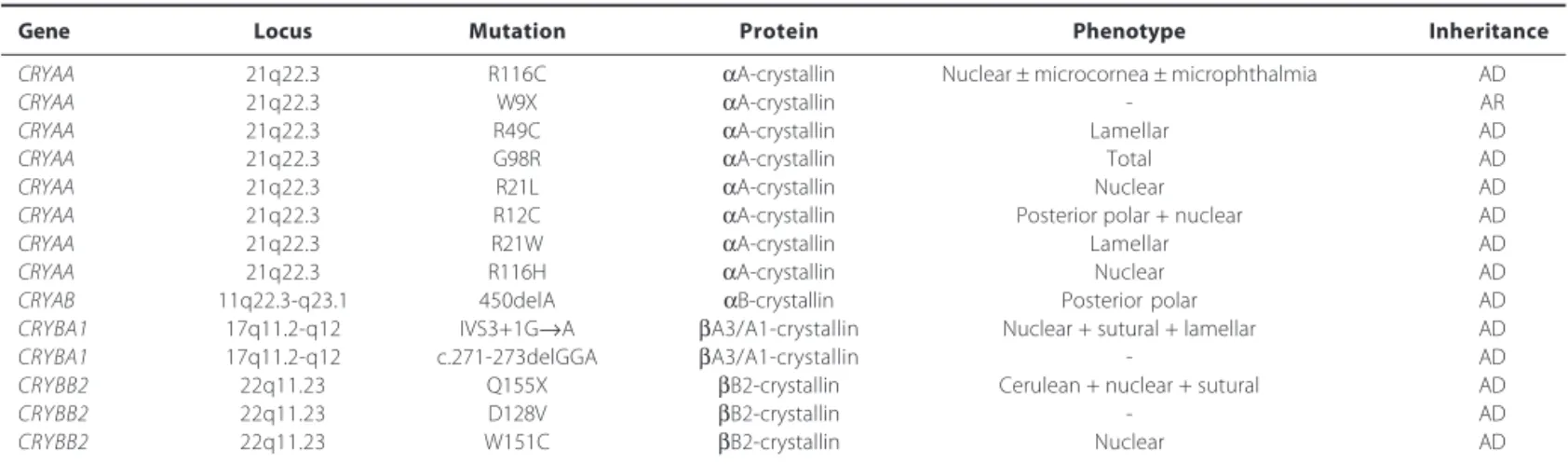 Table 1. Mutations identified in CRYAA, CRYAB, CRYBA1, and CRYBB2 genes in association with congenital cataract