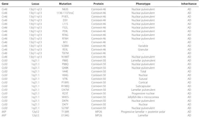 Table 3. Mutations identified in Cx46, Cx50, and MIP genes in association with congenital cataract