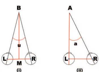 figure 4. (i): Usual examination position for binocular convergence or for the measu- measu-rement of a strabismic deviation, with the object of ixation (B) symmetrically placed  before the eyes (L and R)