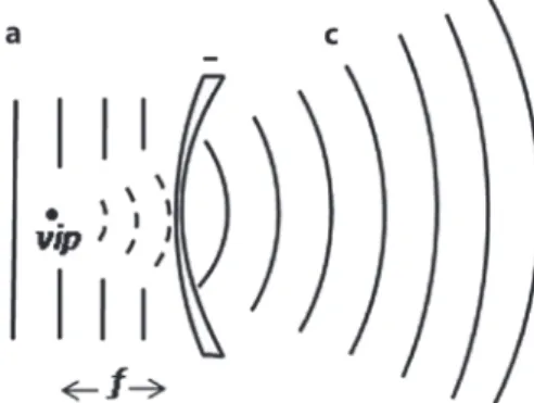 Figure 4. Backward projection of diverging waves in a concave lens. vip: virtual image  point; ƒ: virtual focal distance