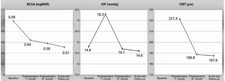 Figure 3. Changes in best-corrected visual acuity (BCVA), intraocular pressure (IOP), and central macular thickness (CMT).