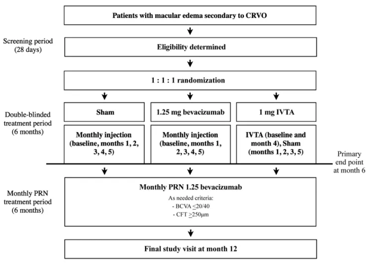 Figure 1. Study design. Eligible patients were randomized 1:1:1 to receive monthly sham, 1.25-mg intravitreal bevacizumab (IVB), or 1-mg intravitreal triamcinolone acetonide (IVTA)  injections during the 6-month treatment period