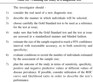 Table III - Planning the study of a diagnostic test The investigator should 