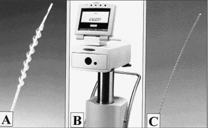 Fig. 2 - Spiral centralizing perfusion balloon catheter (A). Computerized afterload (B) that stores the guidewire with 0.018 inches of thickness and radioactive distal extremity ( 32 P) of 27mm of length (C).