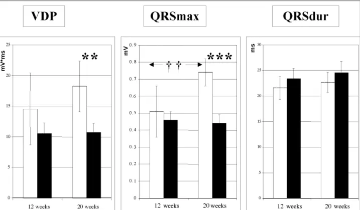 Fig. 1 - Changes in voltage-duration product (VDP), maximum spatial QRS vector magnitude (QRSmax), and QRS duration (QRSdur) in normotensive WKY rats (stripped columns) and spontaneously hypertensive rats (black columns) at the age of 12 and 20 weeks