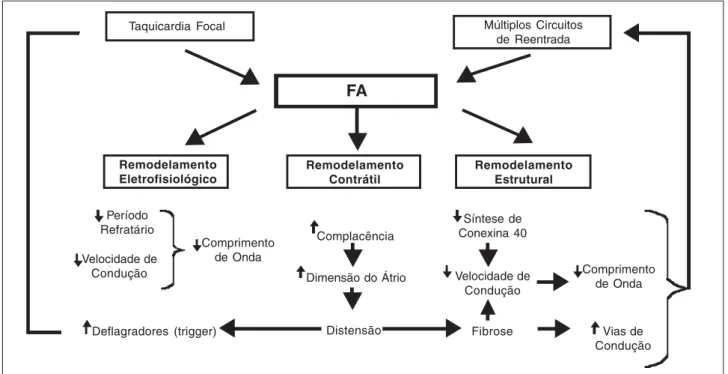 Fig. 3 - Diagrama demonstrativo dos aspectos fisiopatológicos que envolvem o remodelamento atrial (eletrofisiológico, contrátil e estrutural) da FA.