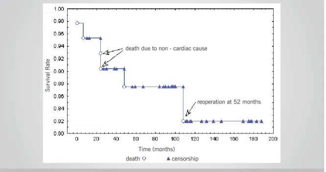 Fig. 4 - Analysis of postoperative survival. Patient survival probability 188 months after surgery is 82%