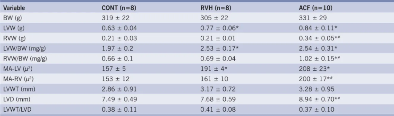 Table 1 – Mean  and standard deviations of the variables for the renovascular hypertension (RVH),  aortocaval fi stula (ACF) and control (CONT) rat groups