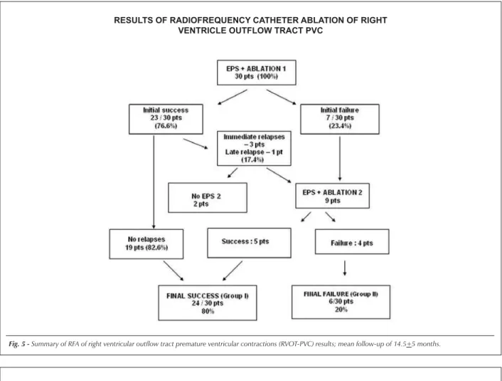 Fig. 6 - Sites where RFA pulses were applied according to electrophysiological criteria for mapping premature ventricular contractions (PVC) point of origin