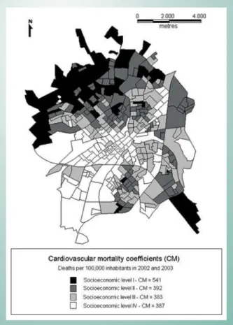 Fig. 5 - Standardized cardiovascular mortality coefficients by socioeconomic  levels, São José do Rio Preto, 2002 and 2003.