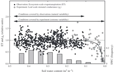 Fig. 3 Evapotranspiration measured in the field with the eddy covariance method (black filled dots) over the range of soil water contents (gray bars) occurring in the field and stomatal conductance measured in a laboratory experiment (black open dots)