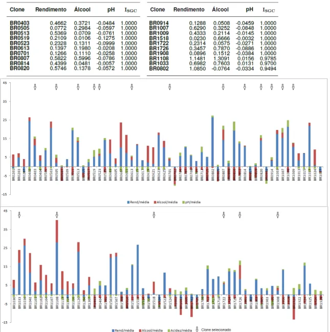 Figura 6: Preditores dos efeitos genotípicos dos 20 clones selecionados com I SGC e gráficos de barras empilhadas represen- represen-tando todos os clones da casta Ratinho