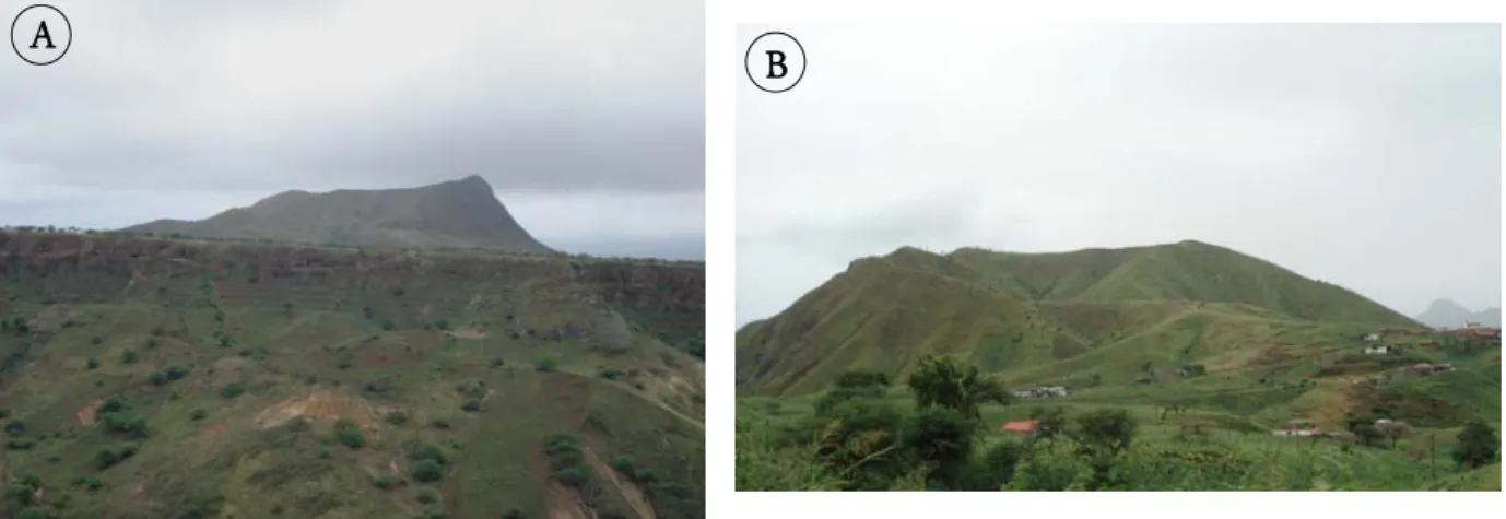 Figure 3.21  –A)  Monte Braga, scoria cone from Monte das Vacas Formation (Achada Bilim);  B)  Monte das  Vacas, scoria cone from Monte das Vacas Formation (Praia area).