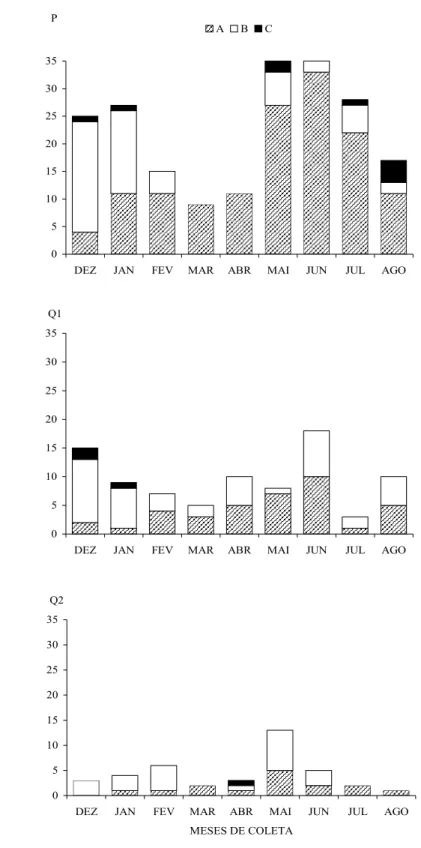 Figura 4: Número de lagartas encontradas em cada classe fenológica,  em  B. coccolobifolia, entre dezembro de 2005 a agosto de 2006, nas  três áreas, RECOR, DF (P: área preservada; QI: queimada I; QII: 
