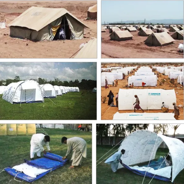 Figura 13. Em cima, da esquerda para a direita: tendas Standard de lona distribuídas pelo ACNUR no Paquistão, ACNUR  (2013) 498 ;  campo  de  refugiados  no  Paquistão  com  tendas  Standard  distribuídas  pelo  ACNUR,  ACNUR  (2013) 499 