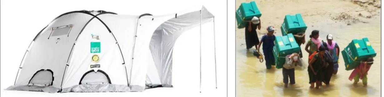Figura 14. Da esquerda para a direita: tenda Shelter Box montada, ShelterBox (2013) 506 ; transporte de Shelter Box no  Nepal, ShelterBox (2007) 507 