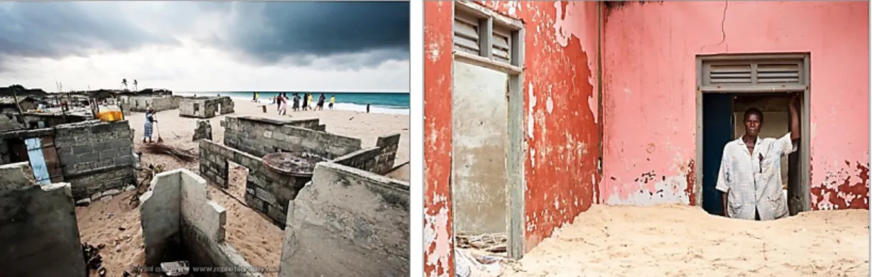 Figura  1.  Da  esquerda  para  a  direita:  aldeia  de  Totope  destruída  pela  erosão  marinha,  Nyani  Quarmyne  (2010) 15 ;  Numour Puplampo, habitante de Totope, à entrada das ruínas da sua habitação soterrada, Nyani Quarmyne (2011) 16 