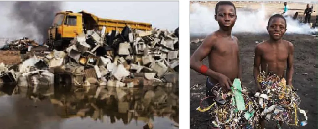 Figura 2. Da esquerda para a direita: transferência de lixo eletrónico para o Gana, Kate Davidson (2008) 181 ; Crianças a  trabalhar na separação e queima do lixo eletrónico no Gana, Kate Davidson (2008) 182 