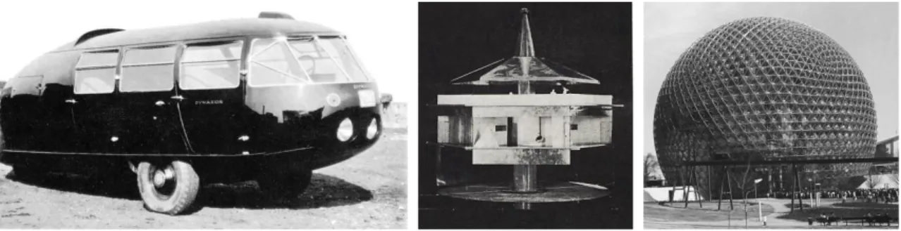 Figura  6.  Da  esquerda  para  a  direita:  Dymaxion  Car 280   (1933);  Dymaxion  House 281   (1927);  Geodesic  Dome 282   (1948- (1948-1949), Richard Buckminster Fuller