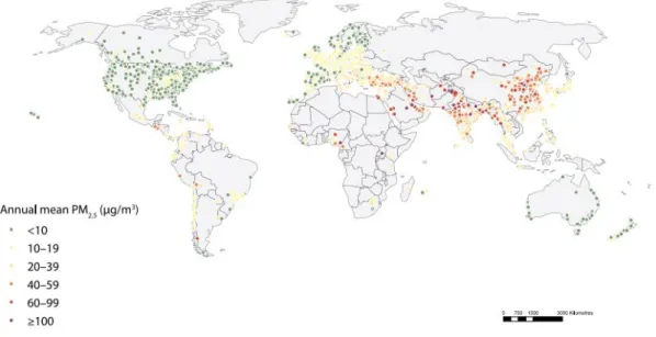 Figure 1: Location of the monitoring stations and PM2.5 concentration according to the WHO  database (World Health Organization, 2016) 