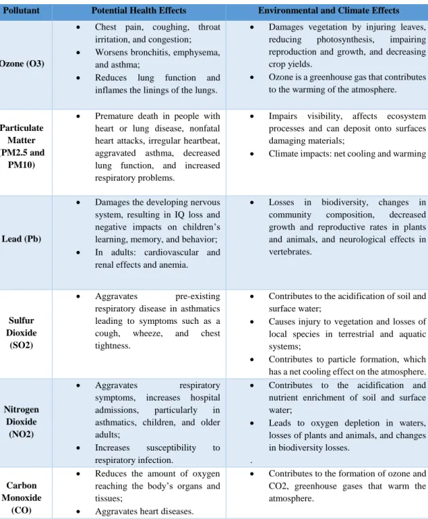 Table 2: Potential effects of common air pollutants (Adapted from EPA, 2014)  Pollutant  Potential Health Effects  Environmental and Climate Effects 