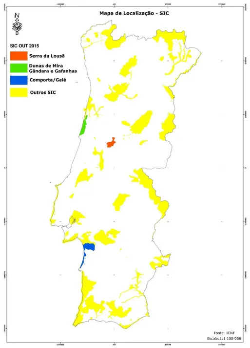 Figura 2 - Localização dos SIC a nível Nacional (a amarelo) e dos SIC onde se inserem as parcelas em estudo – SIC Serra  da Lousã (a vermelho), SIC Dunas de Mira, Gândara e Gafanhas (a verde) e SIC Comporta/Galé (a azul)