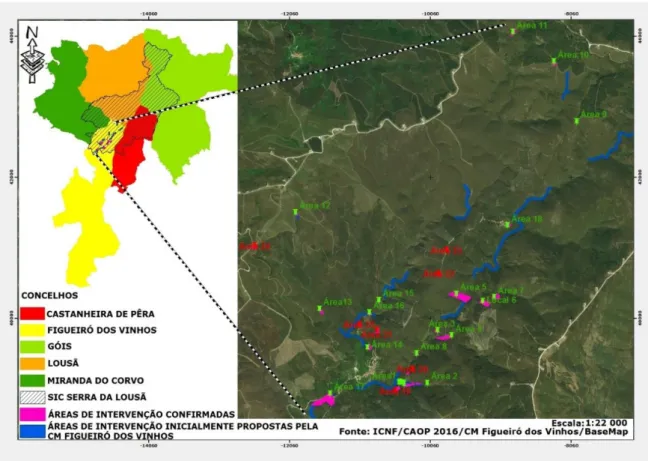 Figura 4 - Localização das áreas a intervir no SIC Lousã - Figueiró-dos-Vinhos. 