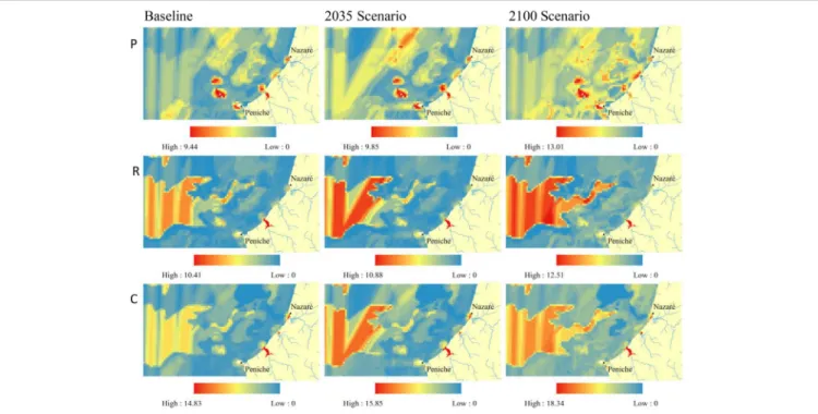 FIGURE 6 | Marine ES vulnerability maps for the complex Atlantic region between Peniche and Nazaré for the present condition (baseline) and for the years 2035 and 2100 prospective scenarios: Provisioning (P), Regulating and Maintenance (R), and Cultural (C