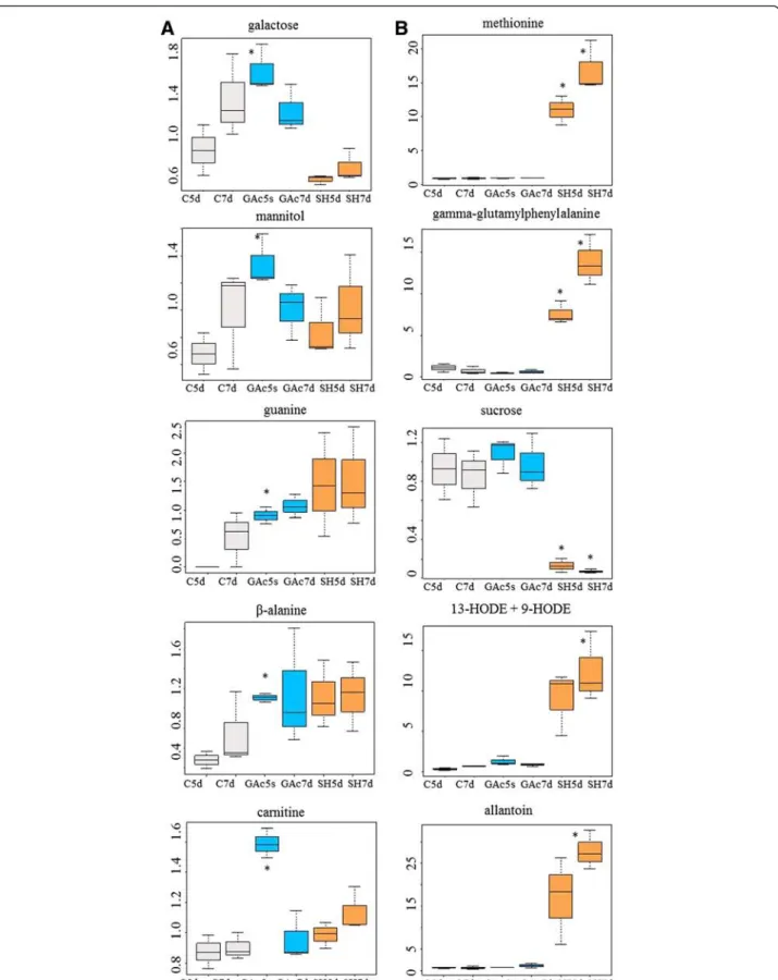 Fig. 4 Relative content evolution of the top five metabolites specific of GAc (a) and shade (b) treatments