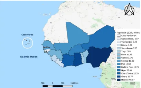 Figure  1.  ECOWAS  map.  The  member  countries  represented  on  a  color  scale  from  light  blue  (smallest number of inhabitants) to dark blue (largest number of inhabitants)