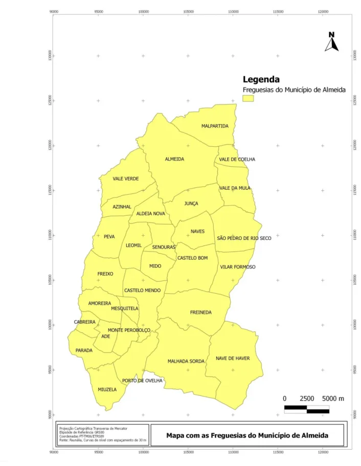 Figura 2- Enquadramento geográfico do Município de Almeida no território de Portugal Continental e no  Distrito da Guarda (CAOP2012) 