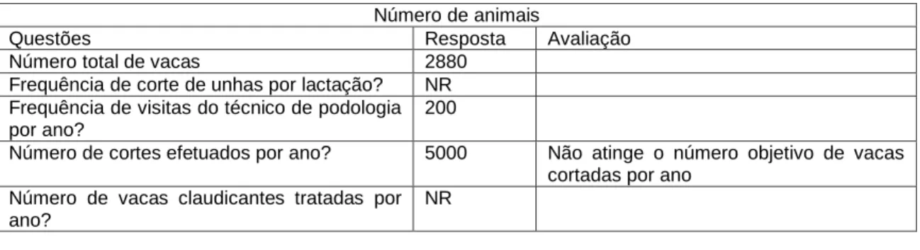 Tabela 11 – “check list” da capacidade de animais submetidos ao corte de cascos  Número de animais 