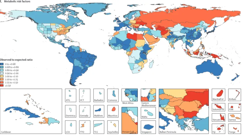 Figure 8: Ratios of observed to expected attributable DALY rates based on Socio-demographic Index for each Level 1 risk for both sexes by location, 2017