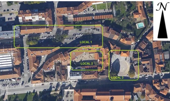 Figura 5.2 – Vista aérea do local de estudo selecionado e identificação dos espaços públicos de permanência