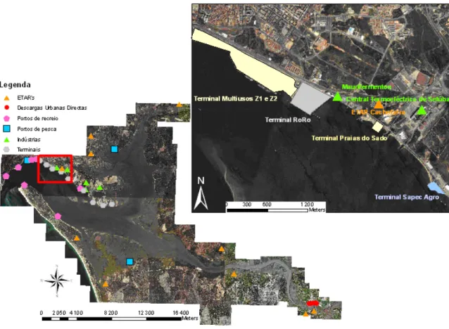 Figura  II-4.  Pormenor  da  localização  da  ETAR  de  Setúbal,  da  central  Termoeléctrica,  da  fábrica  da  Maurifermentos e quatro terminais portuários
