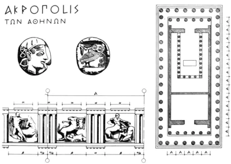 Fig. 2 Pormenor de friso e planta demonstrativos da utilização do módulo num templo grego