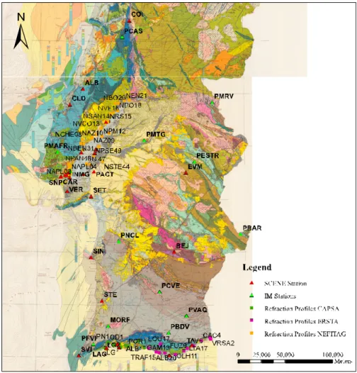 Figure 1. Shear-wave velocity database on top of geological map (adapted from Oliveira et al
