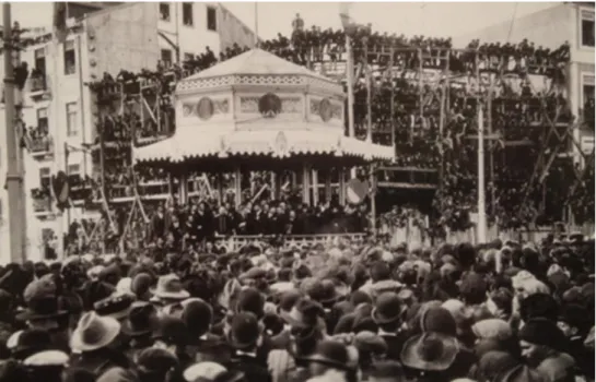 Figura  07  -  Coreto  Cuidado  -  Inauguração  da  lápide  de  comemoração  do  31  de  Janeiro,  1911,  Rua  Saraiva  de  Carvalho