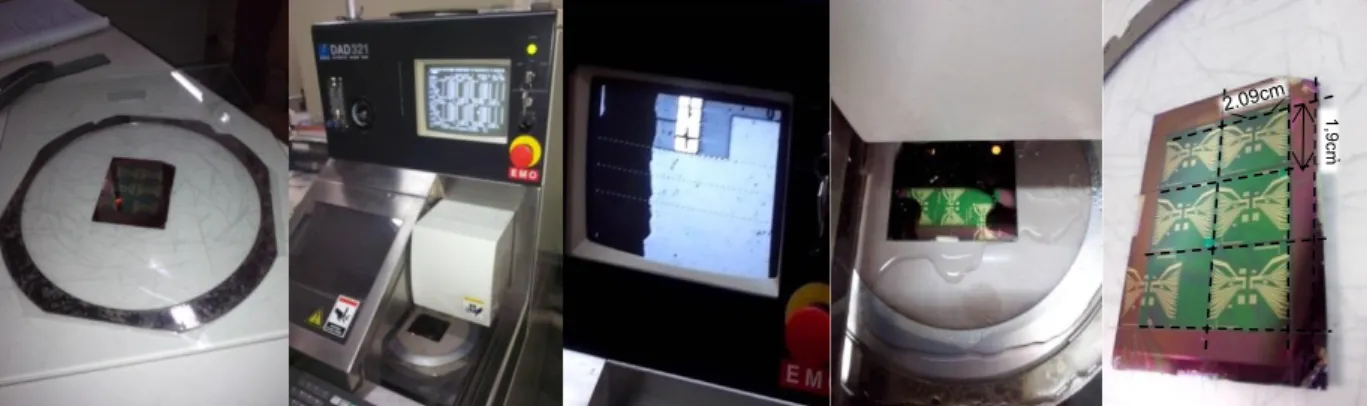 Figure 3.25 Reactive ion etching for pads opening. a) Visual and b) microscopic verification of defined SV, vias and contacts.