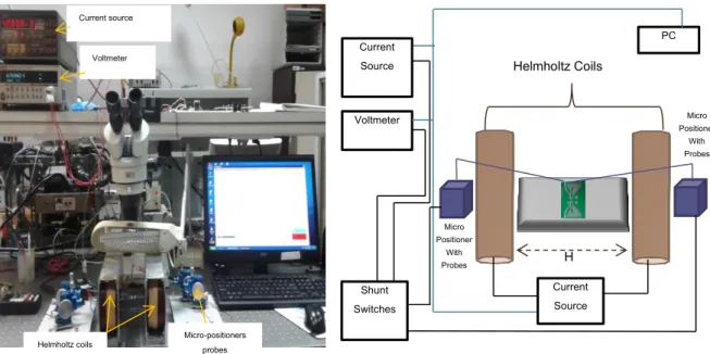 Figure 3.29 a) Transport Characterization setup; b) Schematic diagram of the setup employed for the electrical characterization