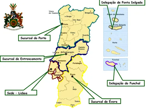 Figura  2.  Distribuição  das  zonas  de  armazenagem  da  Manutenção  Militar  pelo  território  continental e ilhas  