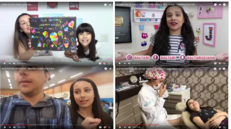 Figura 4. Brincadeiras, cotidiano e comunicação mercadológica se misturam nos vídeos de Bel, Juliana, Manoela e Júlia.