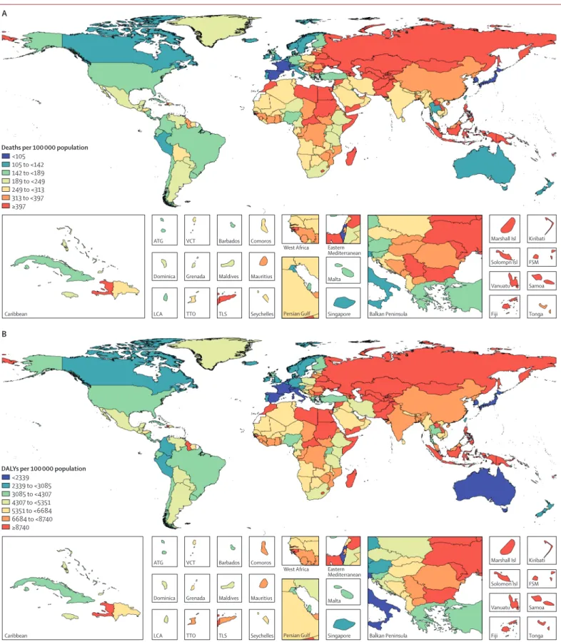 Figure 2: Age-standardised mortality rate per 100 000 population (A) and DALY rate per 100 000 population (B) attributable to diet in 2017