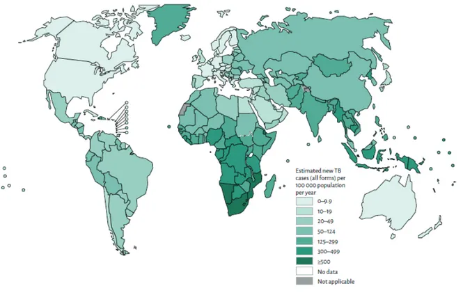 Figura 1 – Taxas de incidência de tuberculose ativa estimadas para 2014. Adaptado de (1)