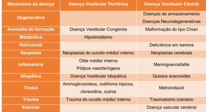 Tabela  2  Diagnósticos  diferenciais  associados  a  doença  do  sistema  vestibular  periférico  e  central  (Adaptado de Muñana, 2004) 