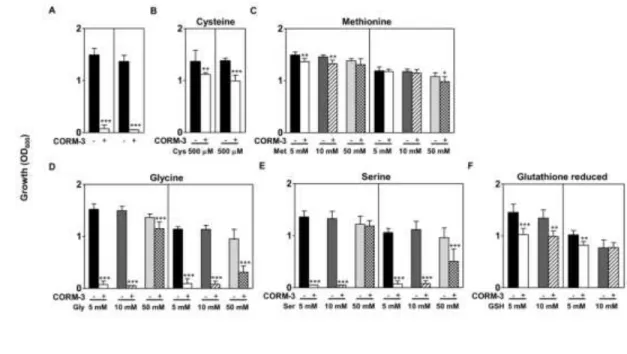Figure 6. Effect  on CORM-3-treated E. coli  growth of addition  of glutathione and amino  654 