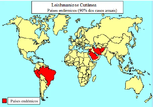 Figura 3 Distribuição geográfica das áreas endémicas de Leishmaniose Cutânea