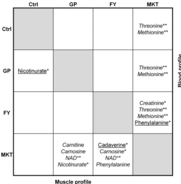 Figure 4.  Schematic overview of the differential metabolite profiles in blood (right-up corner) and muscle  (down-left corner) between groups
