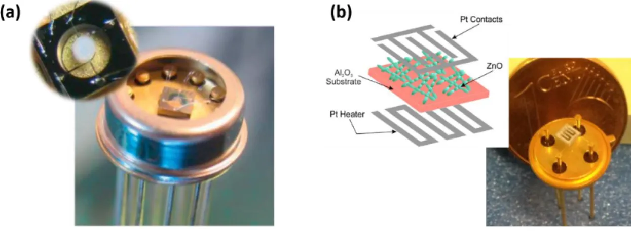 Figure 6. (a) Miniaturized gas sensor with a ZnO sensitive layer for the detection of CO, NH 3  and C 3 H 8