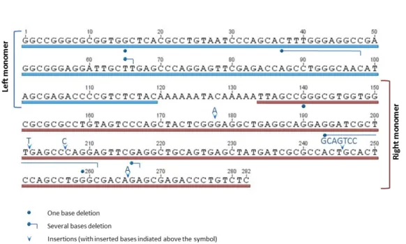 Fig.  1  Position  of  indel  markers  detected  in  the  Alu  consensus  database  relative  to  the  AluJo  consensus  sequence (Jurka et al